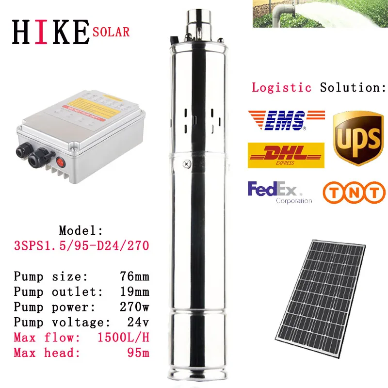 

Hike solar equipment 24V 3 inch series stainless steel deep well submersible borehole solar pump model: 3SPS1.5/95-D24/270