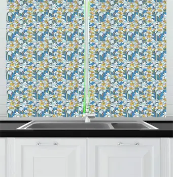 

Sky Blue and Mustard Floral Kitchen Curtains Repetitive Daffodil Flowers Colorful Spring Season Motifs Clutter Pattern Window