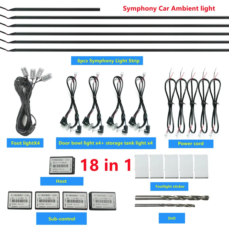 

18 in 1 Symphony car Ambient lights RGB car interior LED Acrylic light guide fiber optic Universal Car 12V decoration lights