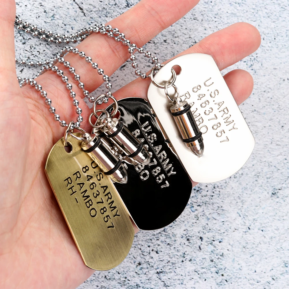 1Pcs High Quality Fashion Men Military Army Bullet Charm Dog Tags SINGLE EMBOSSED Chain Pendant Necklace Jewelry Gift
1Pcs High Quality Fashion Men Military Army Bullet Charm Dog Tags SINGLE EMBOSSED Chain Pendant Necklace Jewelry Gift