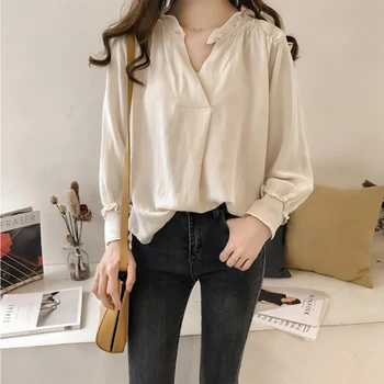 Women Ruffled Long Sleeve Blouse Vintage Female V Neck Street Shirts Casual Elegant Blouse 
Women Ruffled Long Sleeve Blouse Vintage Female V Neck Street Shirts Casual Elegant Blouse