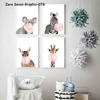 

07G Lovely Blowing Bubble Gum Giraffe Zebra Koala Animals Canvas Painting Wall Art Print Poster For Nursery Home Decoration