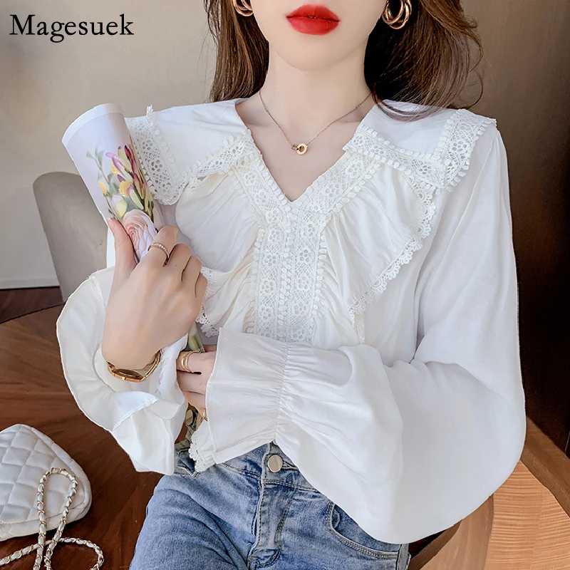 

Flared Sleeve Ruffled Chiffon Shirt Women Autumn New V-neck Lace Stitching Elegant Woman Blouses White Crochet Loose Tops 15766