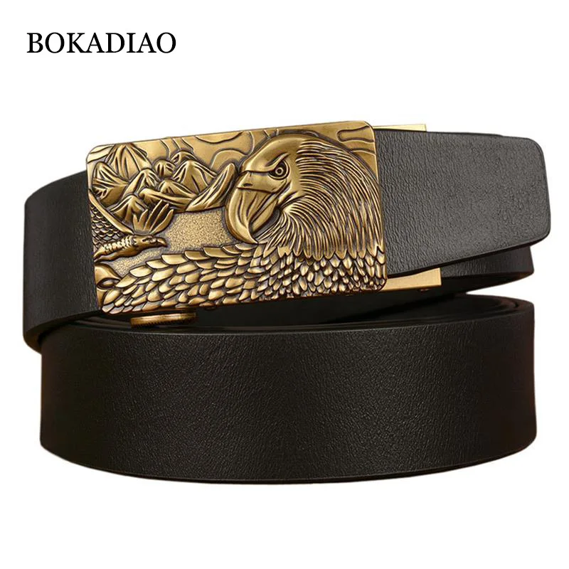 

BOKADIAO Man's black genuine leather belt Metal Automatic Buckle Cowskin Waistband Luxury Leather Belts for men jeans male strap