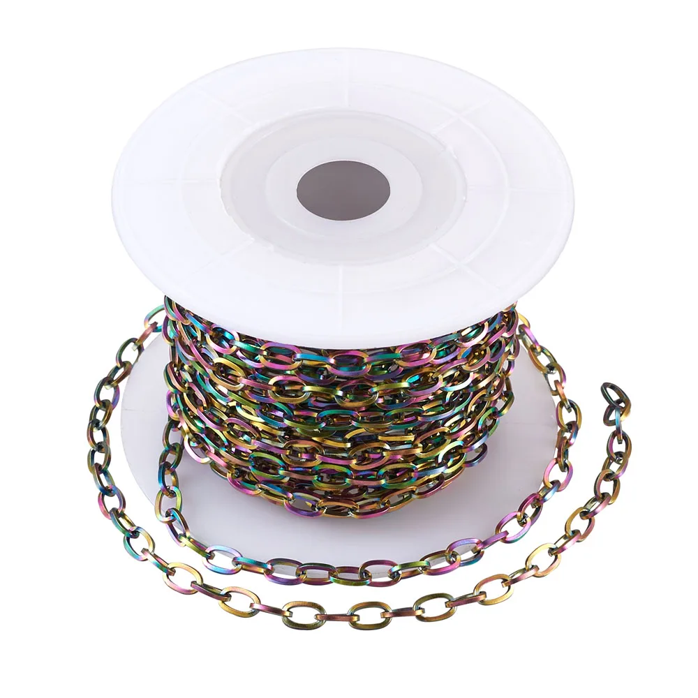 Vacuum Plating 304 Stainless Steel Cable Chains, Unwelded, with Spool, Flat Oval, Multi-color, 5m/roll
Vacuum Plating 304 Stainless Steel Cable Chains, Unwelded, with Spool, Flat Oval, Multi-color, 5m/roll