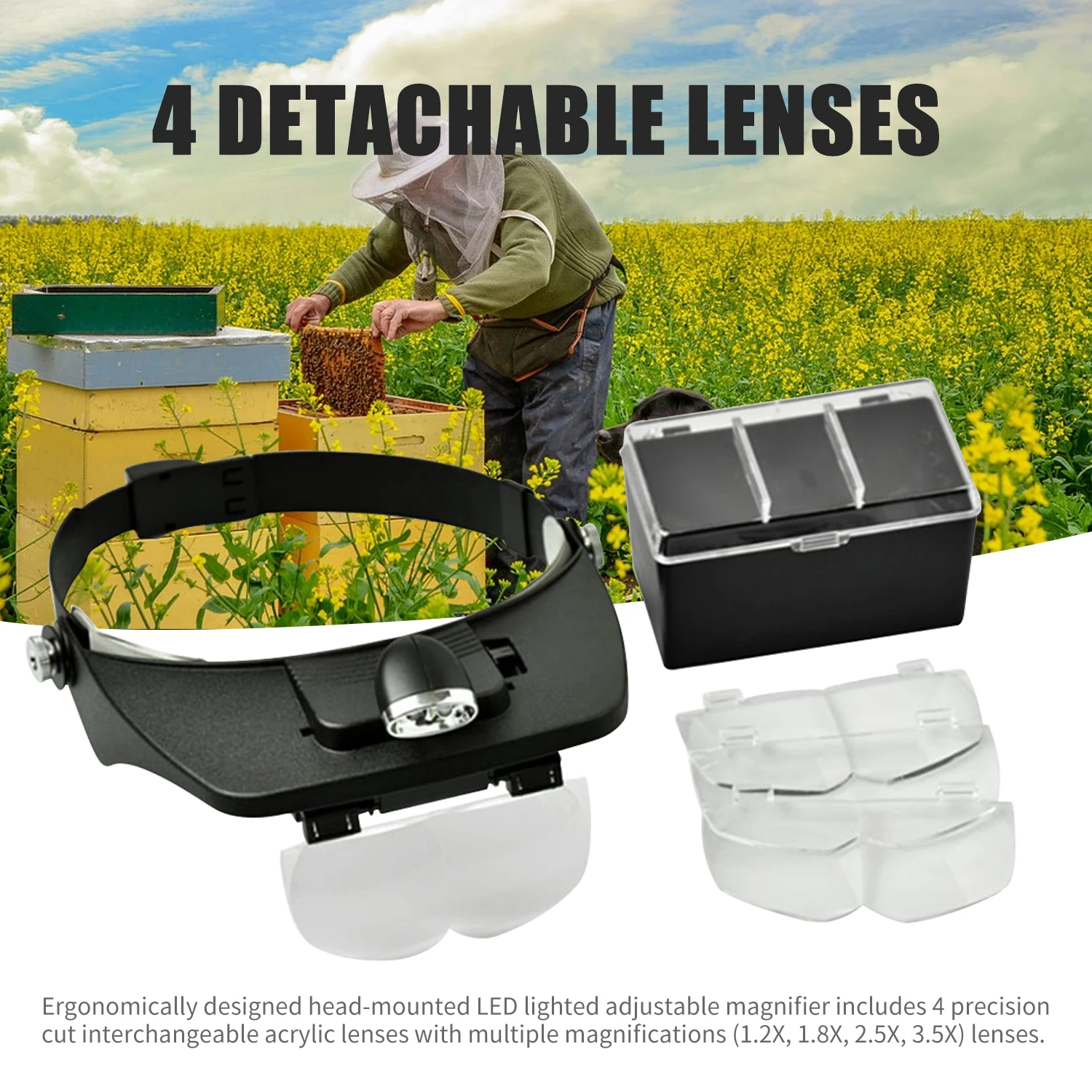 Beekeeping Equipment Headband Magnifier Head Magnifying Glasses Head-Worn LED Lighted Magnifier with 4 Detachable Lenses
Beekeeping Equipment Headband Magnifier Head Magnifying Glasses Head-Worn LED Lighted Magnifier with 4 Detachable Lenses