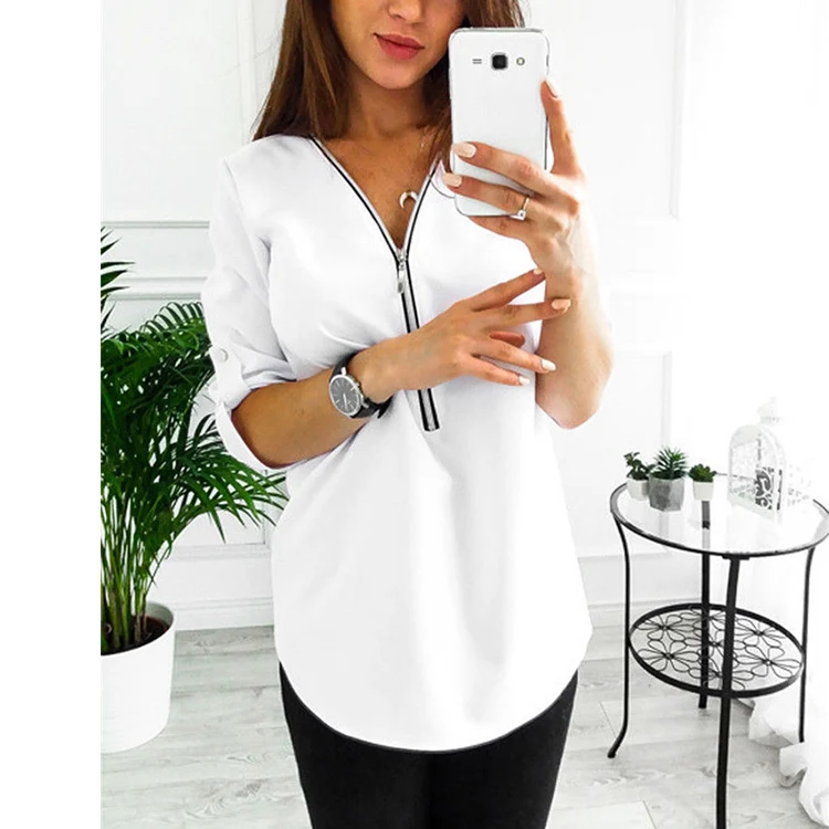 Women Summer T-shirts V Neck Zipper Loose 3/4 Sleeves Pullover Female Casual Tops JS26
Women Summer T-shirts V Neck Zipper Loose 3/4 Sleeves Pullover Female Casual Tops JS26