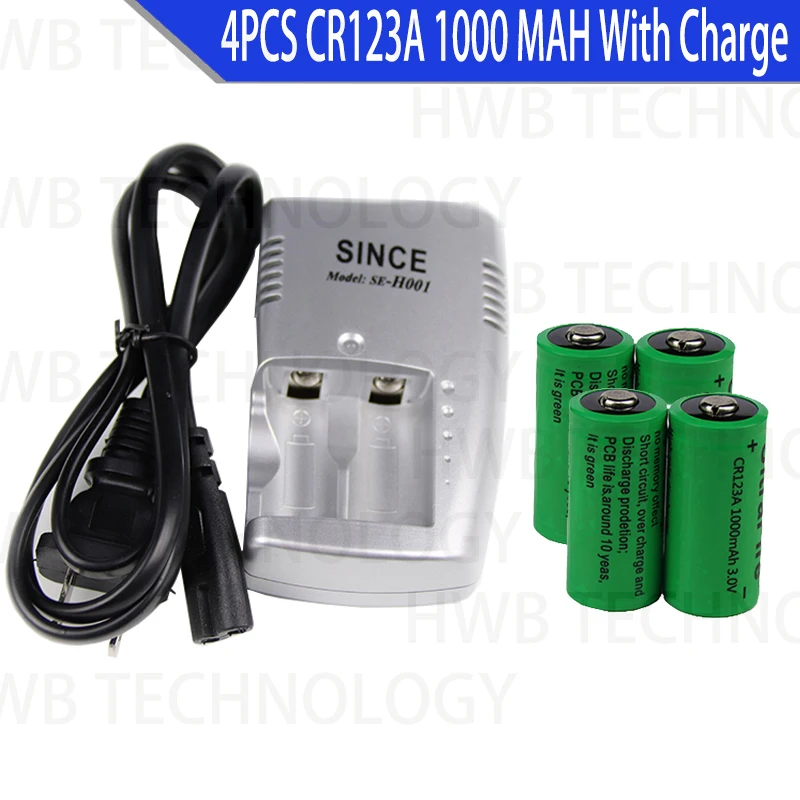 

4 x CR123A 3.0v 1000mAh CR123 16340 17335 Rechargeable Battery + CR123A CHARGER