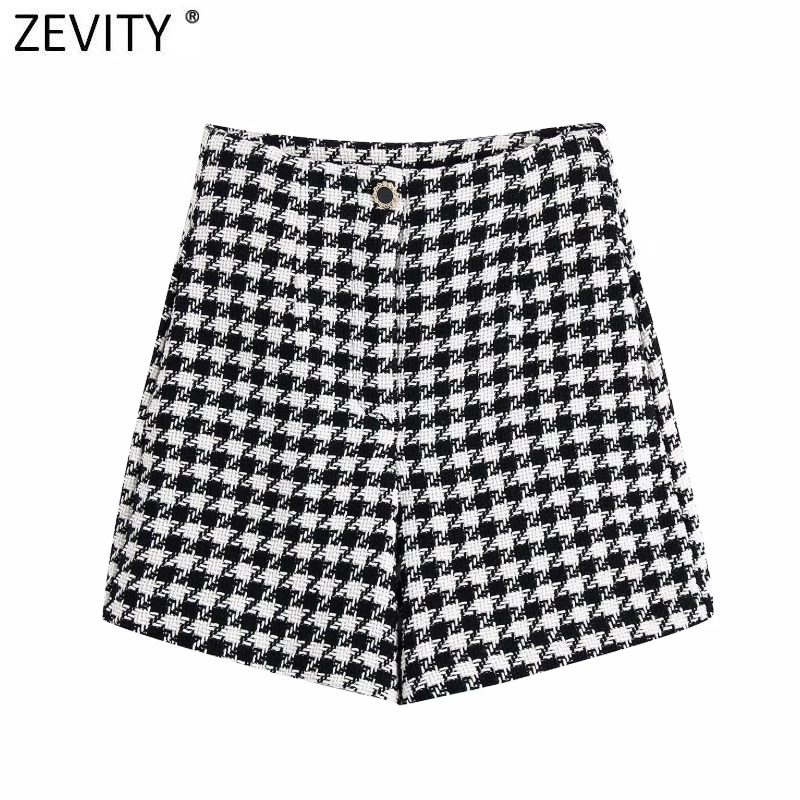 Женские твидовые шорты Zevity винтажные с принтом гусиные лапки и высокой талией