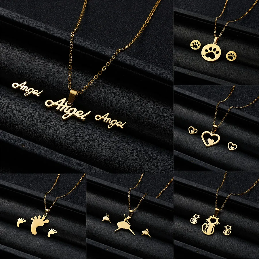Belleper Gold Color Jewelry Set Angel Letter Cat Claw Double Love Hollow Stainless Steel Necklace Earrings Set For Women Gifts
Belleper Gold Color Jewelry Set Angel Letter Cat Claw Double Love Hollow Stainless Steel Necklace Earrings Set For Women Gifts