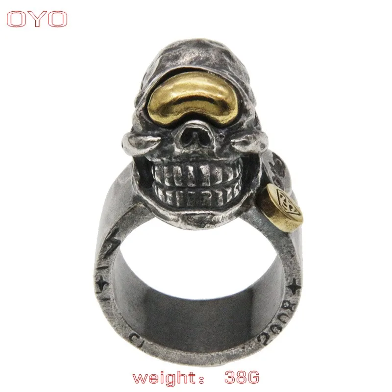 

100% s925 silver inlaid brass wide version punk domineering skull men's Thai silver ring