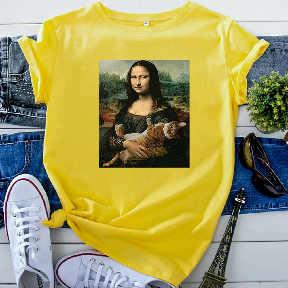 

T Shirts Mona Lisa Hugging Cat Lovely Cute Printed T-Shirt For Women'S Crewneck Gothic Women Tshirt Casual Oversize Tee Shirts