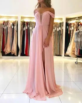 Pink Chiffon Bridesmaid Dresses Split Off The Shoulder Long Wedding Guest Dress With Lace Up Back Dress Party Vestido De Festa 
Pink Chiffon Bridesmaid Dresses Split Off The Shoulder Long Wedding Guest Dress With Lace Up Back Dress Party Vestido De Festa