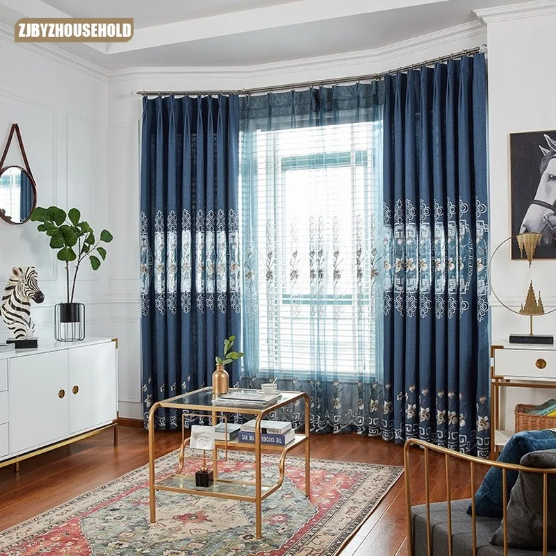 Фото Шторы в европейском стиле для гостиной спальни синие Квадратные с вышивкой
