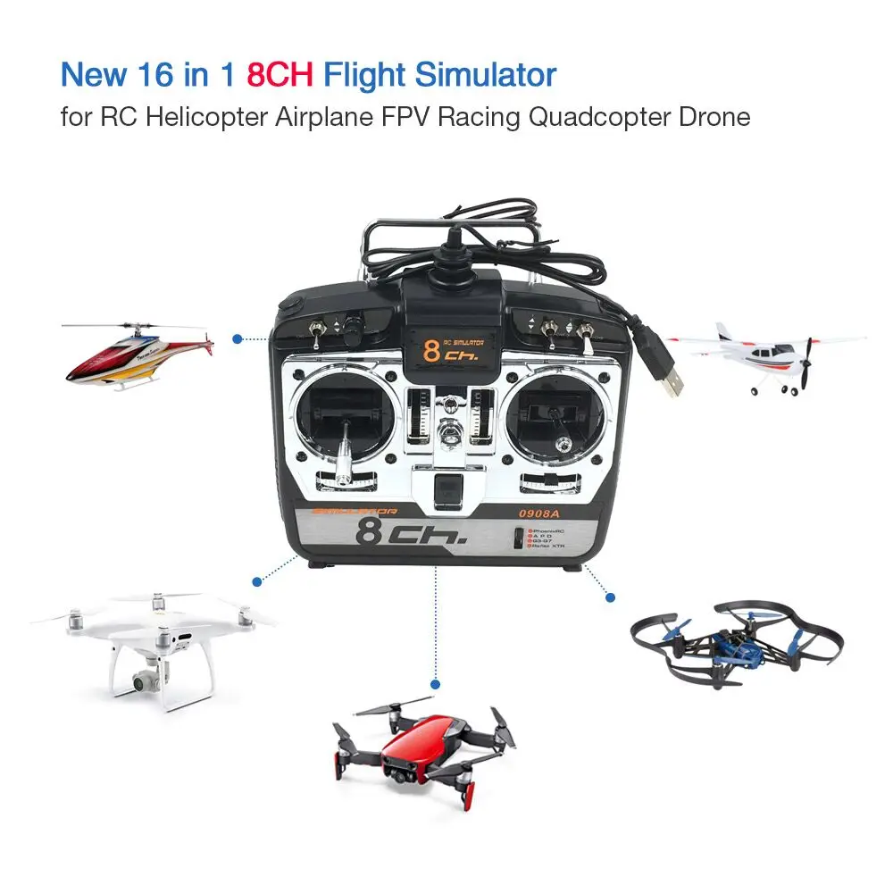 8CH 16in1 RC авиамодельного симулятора (пульт дистанционного управления Управление управляемых вертолетов самолетов FPV Quadcopter Drone Поддержка G7 Феникс 5 XTR JTL-0908A 1618
8CH 16in1 RC авиамодельного симулятора (пульт дистанционного управления Управление управляемых вертолетов самолетов FPV Quadcopter Drone Поддержка G7 Феникс 5 XTR JTL-0908A 1618