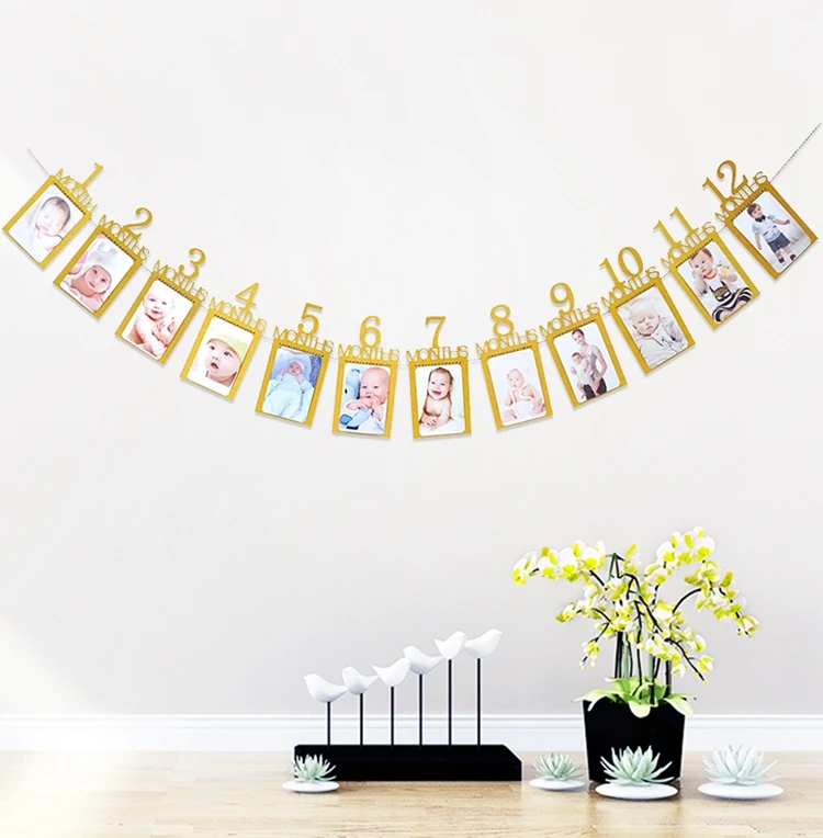 Generic 12 Months Photo Frame Banner Happy Birthday Decoration First Boy Girlblue Photo Frame