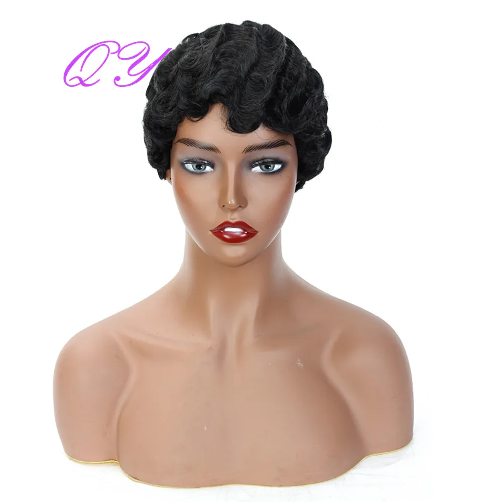 

QY Hair Short Curly Wig Wigs for African American Finger Wave Synthetic Black Hair Wig Cosplay