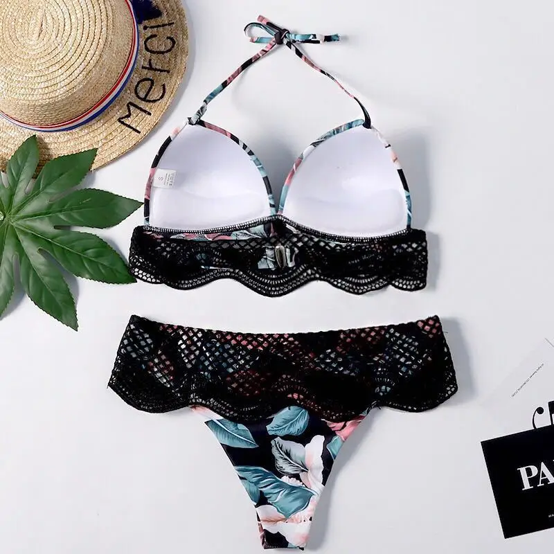 New Puch Up Swimsuit Women Lace Bikini Set High waist Brazilian Bikini Vintage Printed Bikinis XXL Female maillot de bain femme