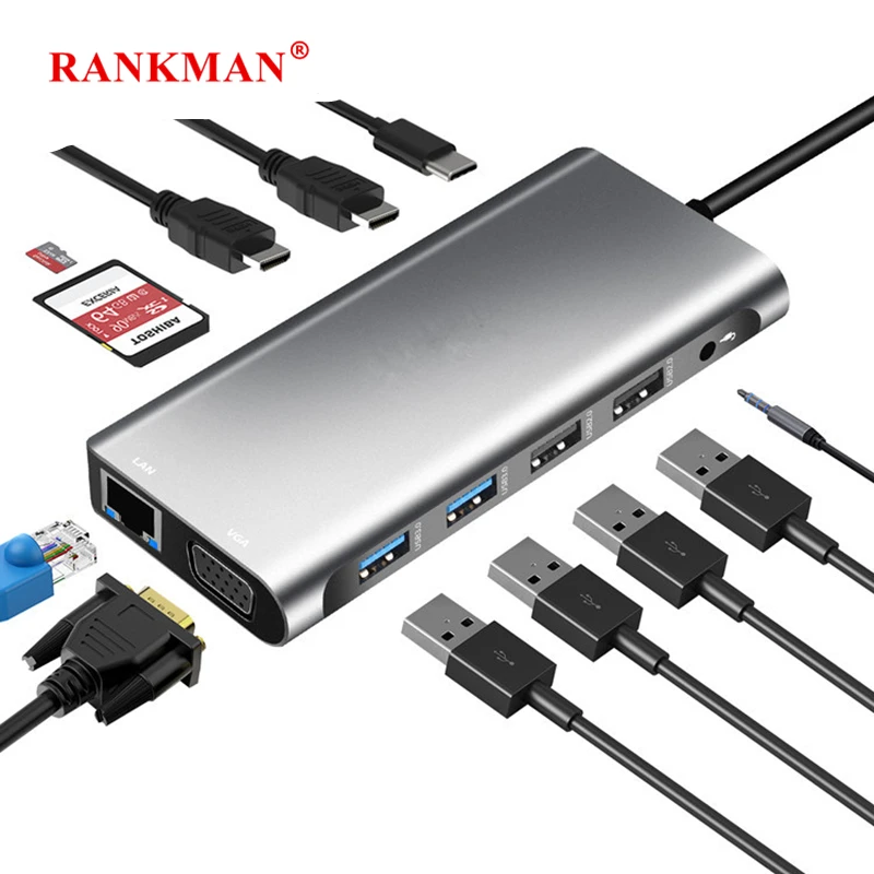 

Rankman USB C Hub to RJ45 Lan 4K HDMI-Compatible VGA USB 3.0 2.0 SD TF Type C PD Dock for MacBook iPad Samsung S23 Dex HDTV