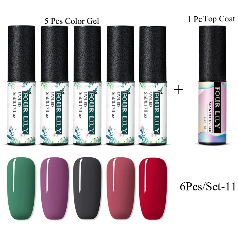 Four Lily Gel Nail Polish Set 5ml Pure Color Semi Permanent UV LED Lacquer Soak Off Hybrid Art Varnish | Красота и здоровье