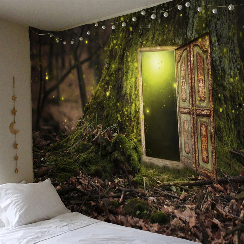 

Mysterious Door Of Tree Tapestry Wall Hanging Psychedelic Forest Scenic Mushroom Elk Hippie Mandala Wall Carpet Decor Tapestries