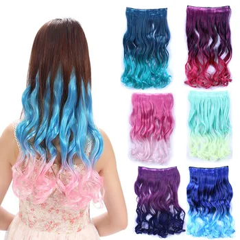 

jeedou Synthetic Ombre Color Wavy Hair Clip in One Piece Hair Extension Black Pink Gradient Modern Night Club Cosplay Hairpieces
