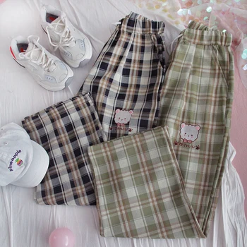 Women Spring New Casual Pants College Style Girls Student Sweet Cat Embroidery Plaid Loose Vintag Elastic Waist Straight pants 
Women Spring New Casual Pants College Style Girls Student Sweet Cat Embroidery Plaid Loose Vintag Elastic Waist Straight pants