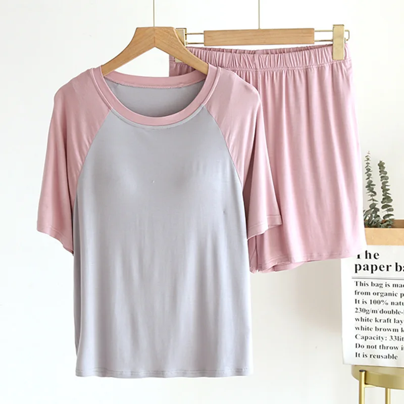 Fdfklak Women's Casual Suit Summer 2021 New Modal 2PCS Female Pijama Home Wear Shorts Comfort With Chest Pad Pajama Set
Fdfklak Women's Casual Suit Summer 2021 New Modal 2PCS Female Pijama Home Wear Shorts Comfort With Chest Pad Pajama Set