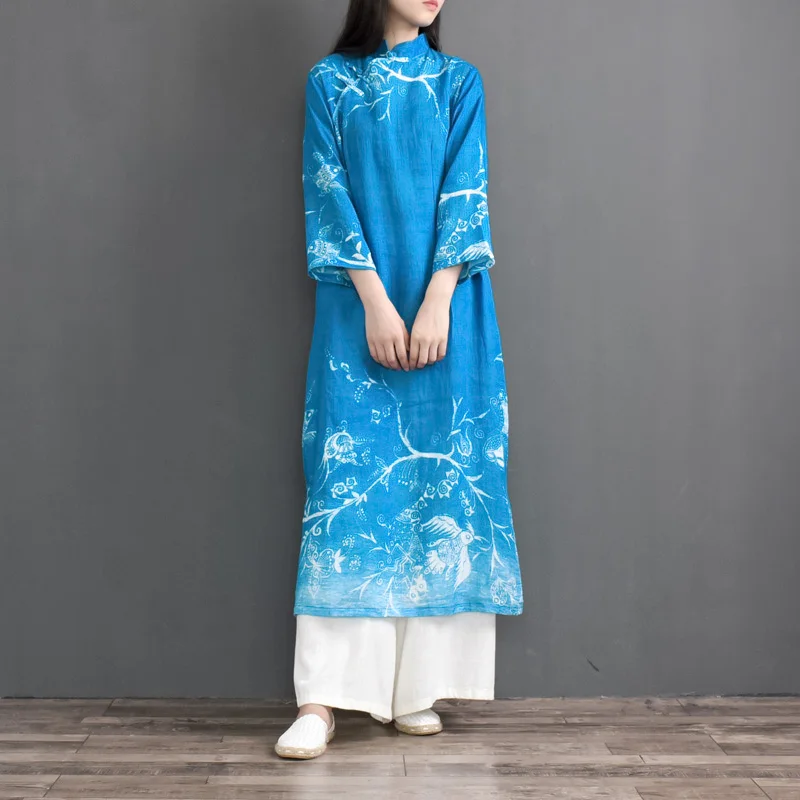 National Wind Printing Stand Collar Cheongsam Dress Ramie Female Slim Bottoming Spring Summer Robe 
National Wind Printing Stand Collar Cheongsam Dress Ramie Female Slim Bottoming Spring Summer Robe