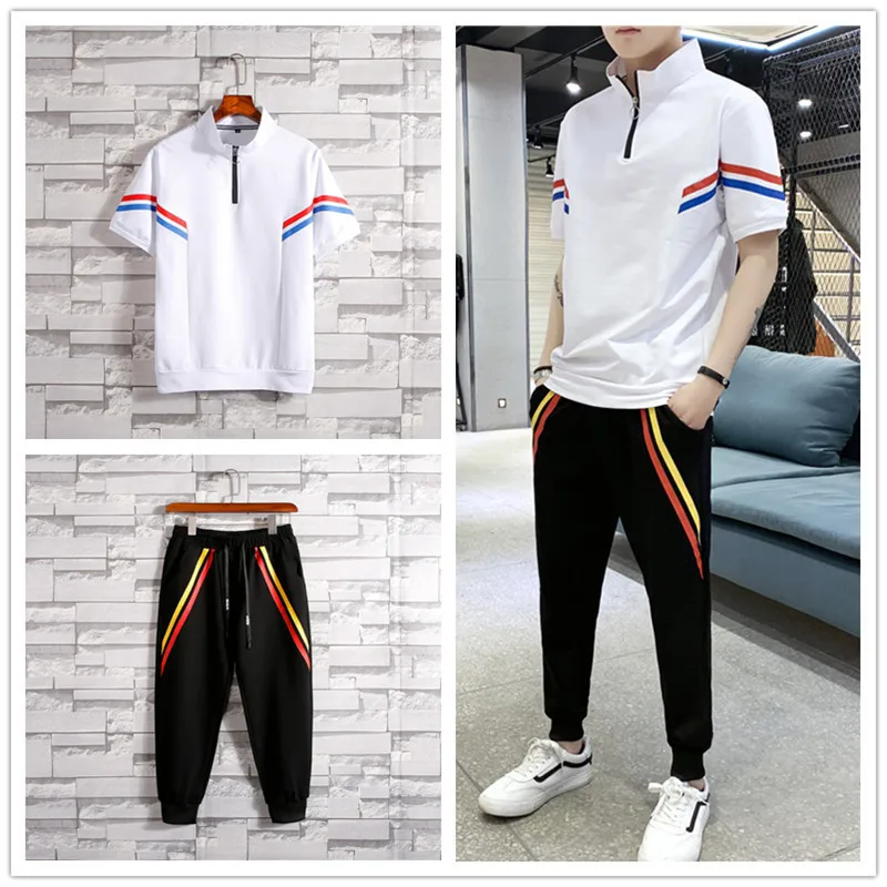2019 Summer New Loose Hip Hop Striped Chest Zip Short Sleeve T-shirt Ankle-Length Pants Sports And Leisure Suit Men's
2019 Summer New Loose Hip Hop Striped Chest Zip Short Sleeve T-shirt Ankle-Length Pants Sports And Leisure Suit Men's