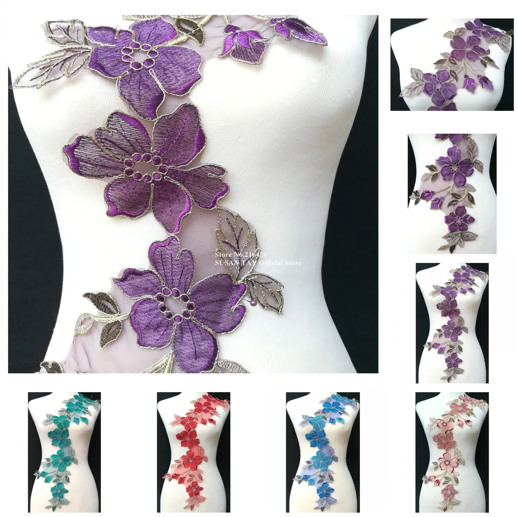 

3pcs/lot x New Beautiful 5Color(Purple Teal Blue Red Pink)Organza Floral Lace Embroidered Appliques Collar Motifs Neckline BNC49