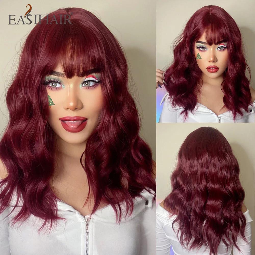 

EASIHAIR Medium Water Wave Synthetic Wigs with Bangs Wine Red Bob Curly Hair Wigs for Women Heat Resistant Fiber Daily Cosplay