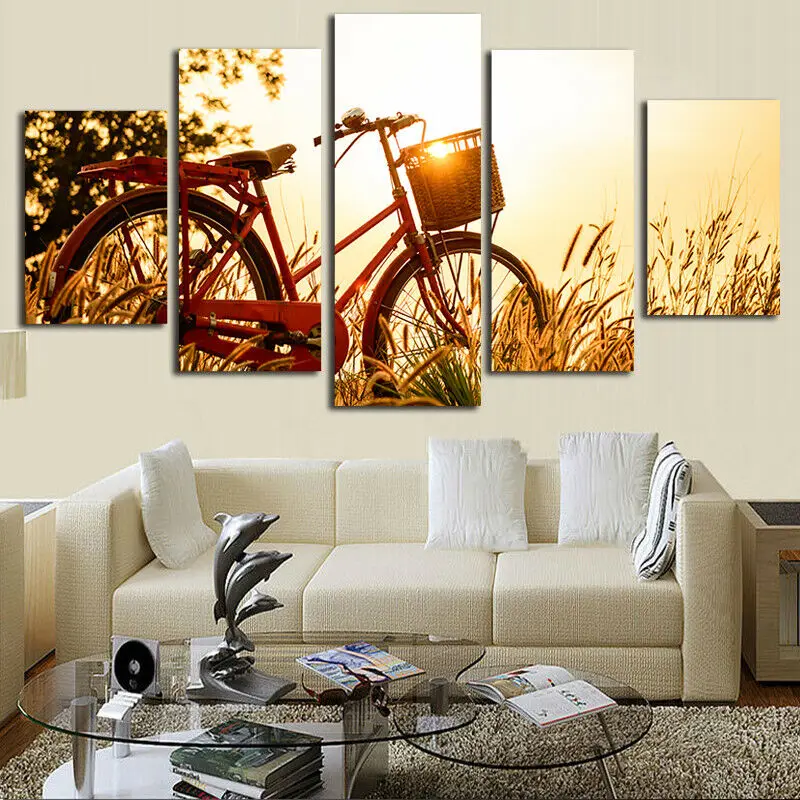 

Bicycle Dandelion in Sunset 5 Panel Canvas Picture Print Wall Art Canvas Painting Wall Decor for Living Room Poster No Framed