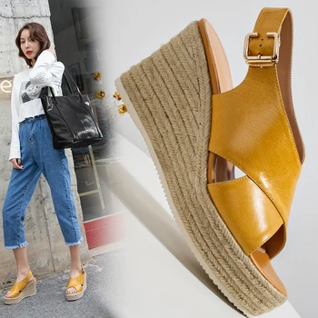 women sandals Genuine Leather 22-24.5cm ladies shoes Horse oil leather platform sandals Vintage straw bottom 9cm sandals women 
women sandals Genuine Leather 22-24.5cm ladies shoes Horse oil leather platform sandals Vintage straw bottom 9cm sandals women