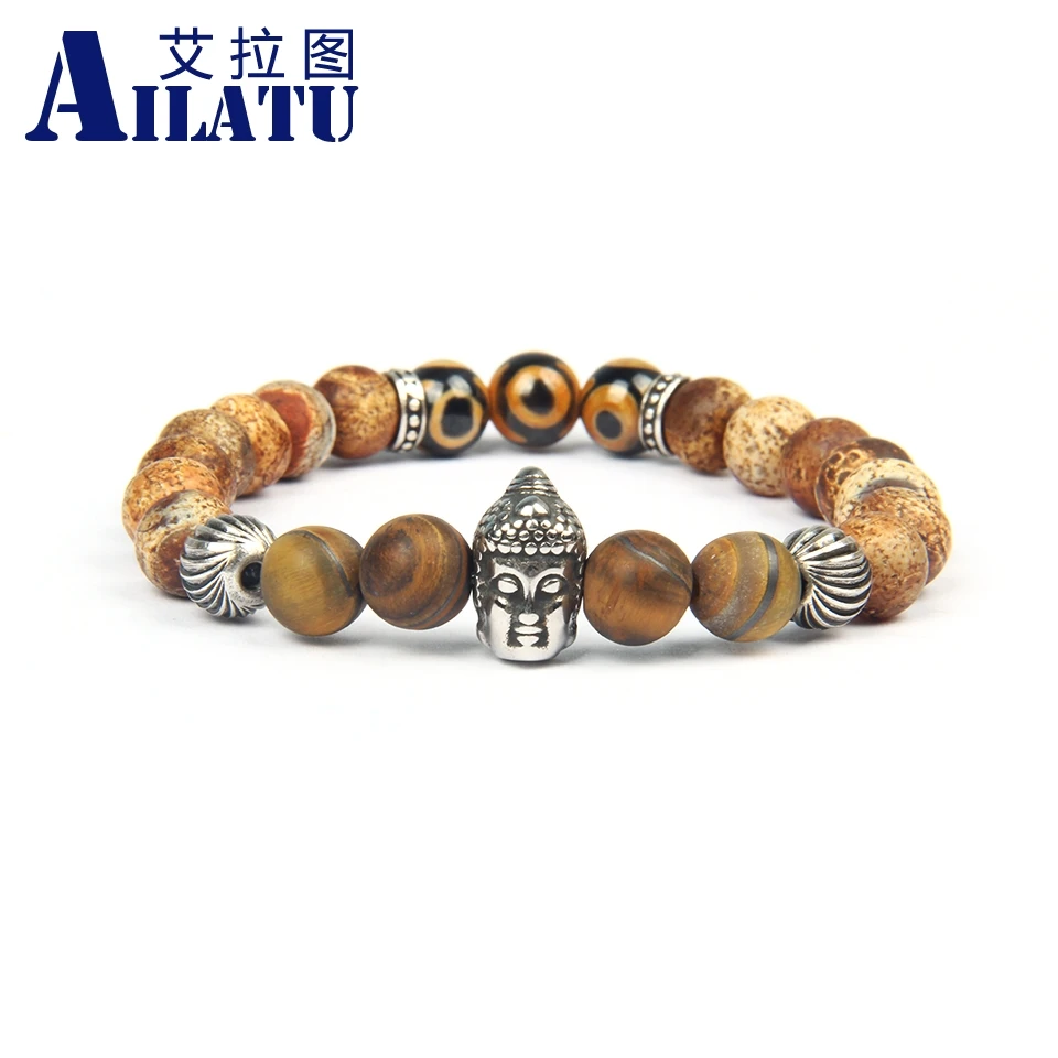 Ailatu New Stainless Steel Two-Face Devil Buddha Head Bracelets with 8mm Natural Dzi Eye Stone Onyx Beaded Jewelry
Ailatu New Stainless Steel Two-Face Devil Buddha Head Bracelets with 8mm Natural Dzi Eye Stone Onyx Beaded Jewelry