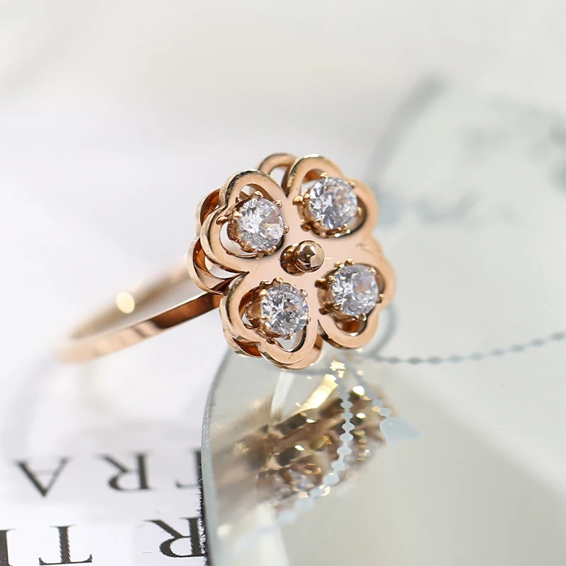 Фото YUN RUO 316 L Titanium Steel Jewelry Swiveling Flower Ring Mosaic Zircon Weeding Rose Gold Fashion Woman Gift Never Fade | Украшения и