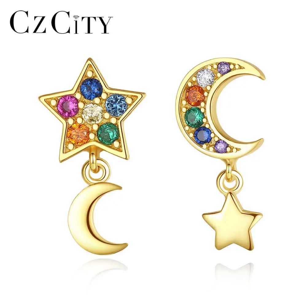 

CZCITY Gold Color Moon and Star 925 Sterling Silver Multicolor CZ Stone Fine Stud Earring Romantic Women Dating Party Jewelry