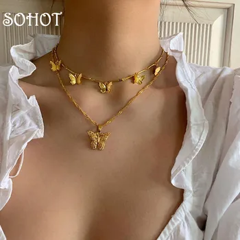 SOHOT Europea Trendy Butterfly Pendant Double Layer Women Choker Necklace Chic Charming Gold Color Female Wedding Jewlelry 
SOHOT Europea Trendy Butterfly Pendant Double Layer Women Choker Necklace Chic Charming Gold Color Female Wedding Jewlelry