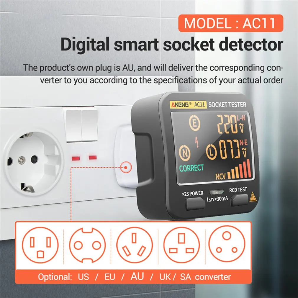 AC11 Socket Tester Pro Voltage Test Socket Detector UK EU Plug Ground Zero Line Plug Polarity Phase Check
AC11 Socket Tester Pro Voltage Test Socket Detector UK EU Plug Ground Zero Line Plug Polarity Phase Check
