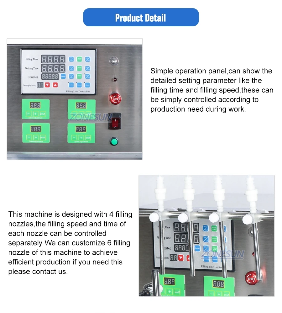 ZONESUN ZS-DTDP-4P Automatic Filling Machine Diaphragm Pump Beverage Shampoo Essential Oil  Four Nozzles Glass Bottle Jar Filler