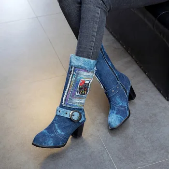 US4-13 Womens Round Toe Denim Jeans Patchwork Block High Heel Fleece Warm Winter Belt Buckle Shoes 2Colors Plus Size C897
US4-13 Womens Round Toe Denim Jeans Patchwork Block High Heel Fleece Warm Winter Belt Buckle Shoes 2Colors Plus Size C897