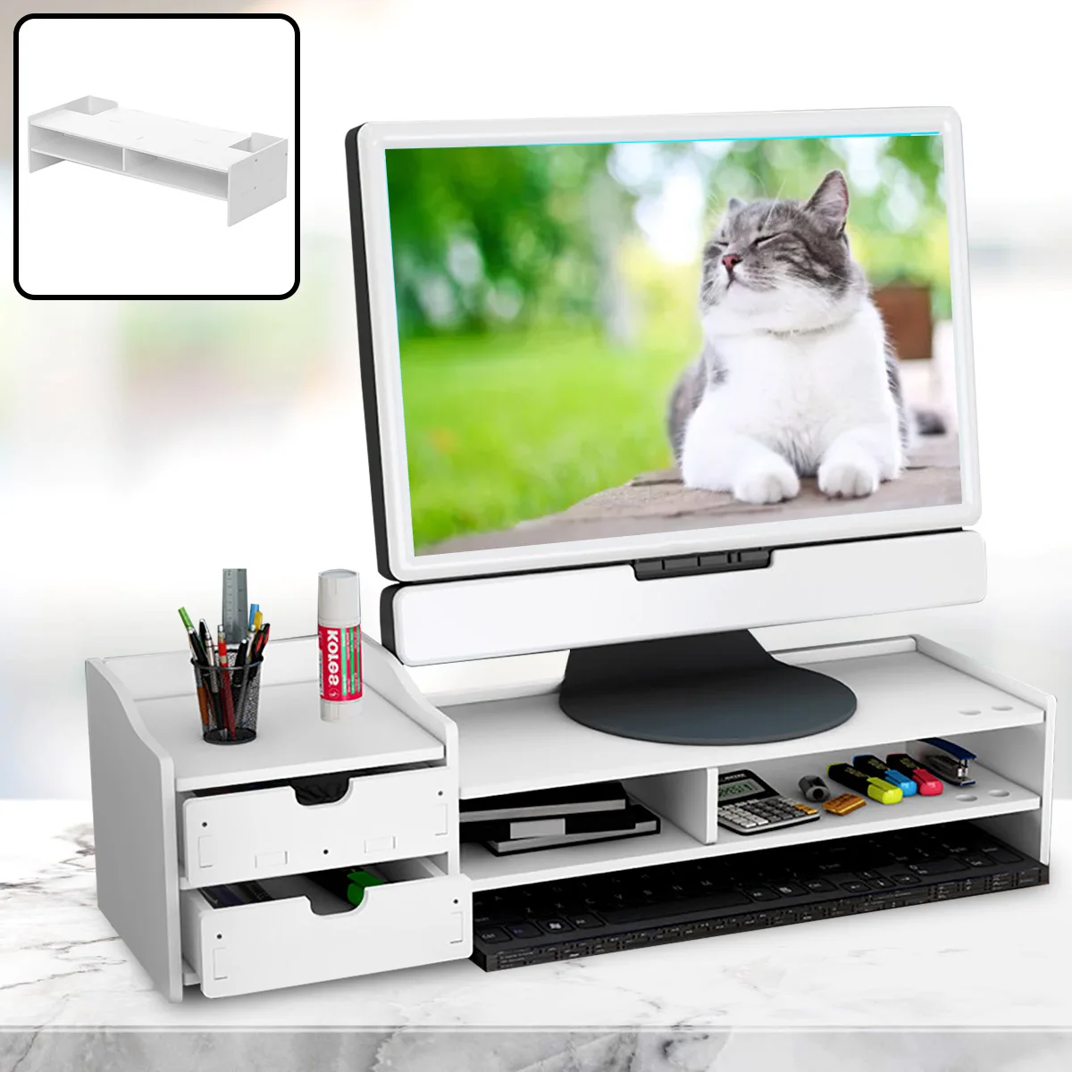 2-Tiers Computer Desktop Monitor Stand Shelf Wooden PVC Monitor Riser For Notebook TV Screen Riser With Storage Organizer Shelf
2-Tiers Computer Desktop Monitor Stand Shelf Wooden PVC Monitor Riser For Notebook TV Screen Riser With Storage Organizer Shelf