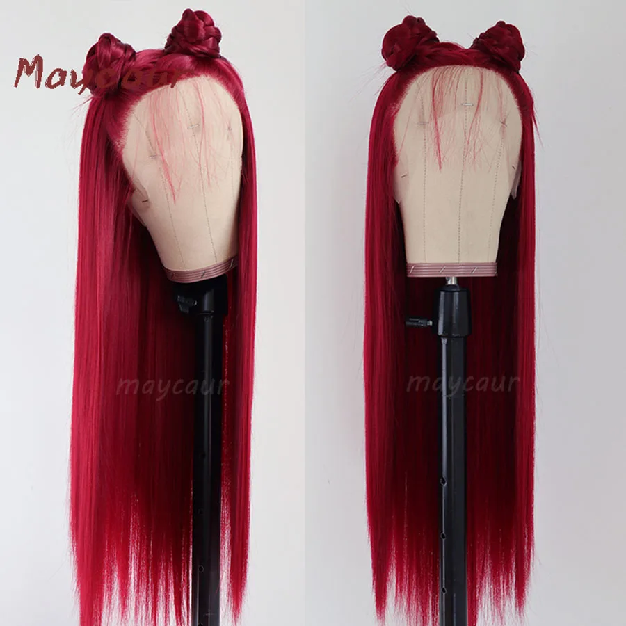 Maycaur RD900 Red Color Wig Long Straight Synthetic Lace Front Wigs with Natural Baby Hair Heat Resistant Wigs for Black Women (2)