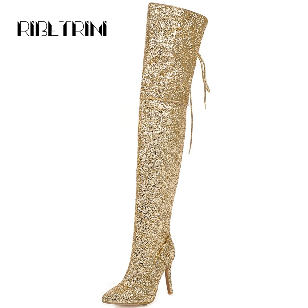 RIBETRINI Sexy Glitter Design Thin High Heels Pointed Toe Lace Up Party Wedding Dress Shoes Woman Over Knee High Boots Big Size 
RIBETRINI Sexy Glitter Design Thin High Heels Pointed Toe Lace Up Party Wedding Dress Shoes Woman Over Knee High Boots Big Size