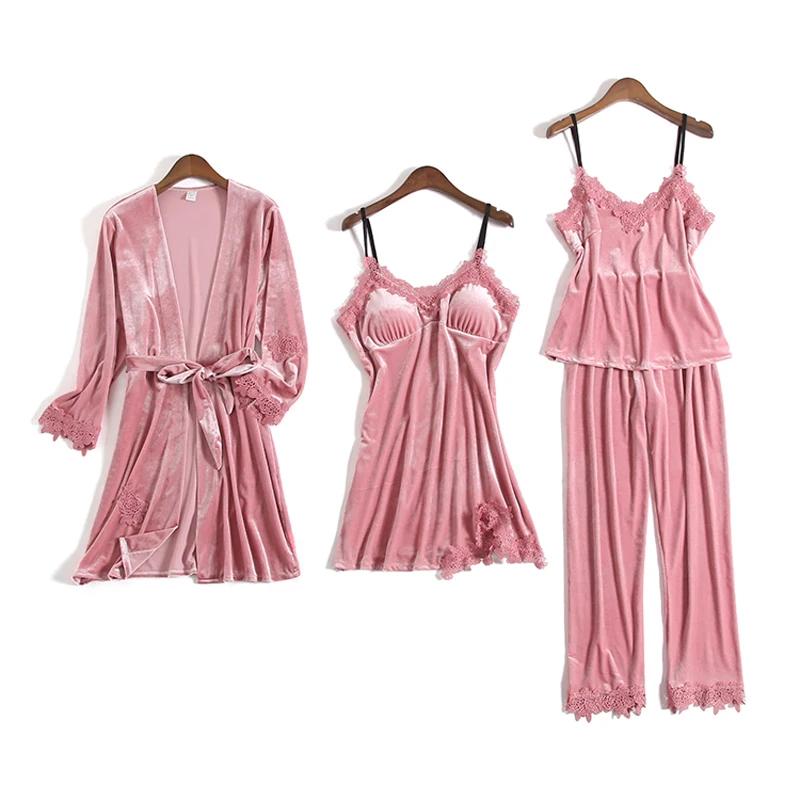 Gold-Velvet-Pajamas-For-Women-4-Pieces-Winter-Suit-Home-Clothes-Woman-Sexy-Lace-Robe-Pajamas(8)