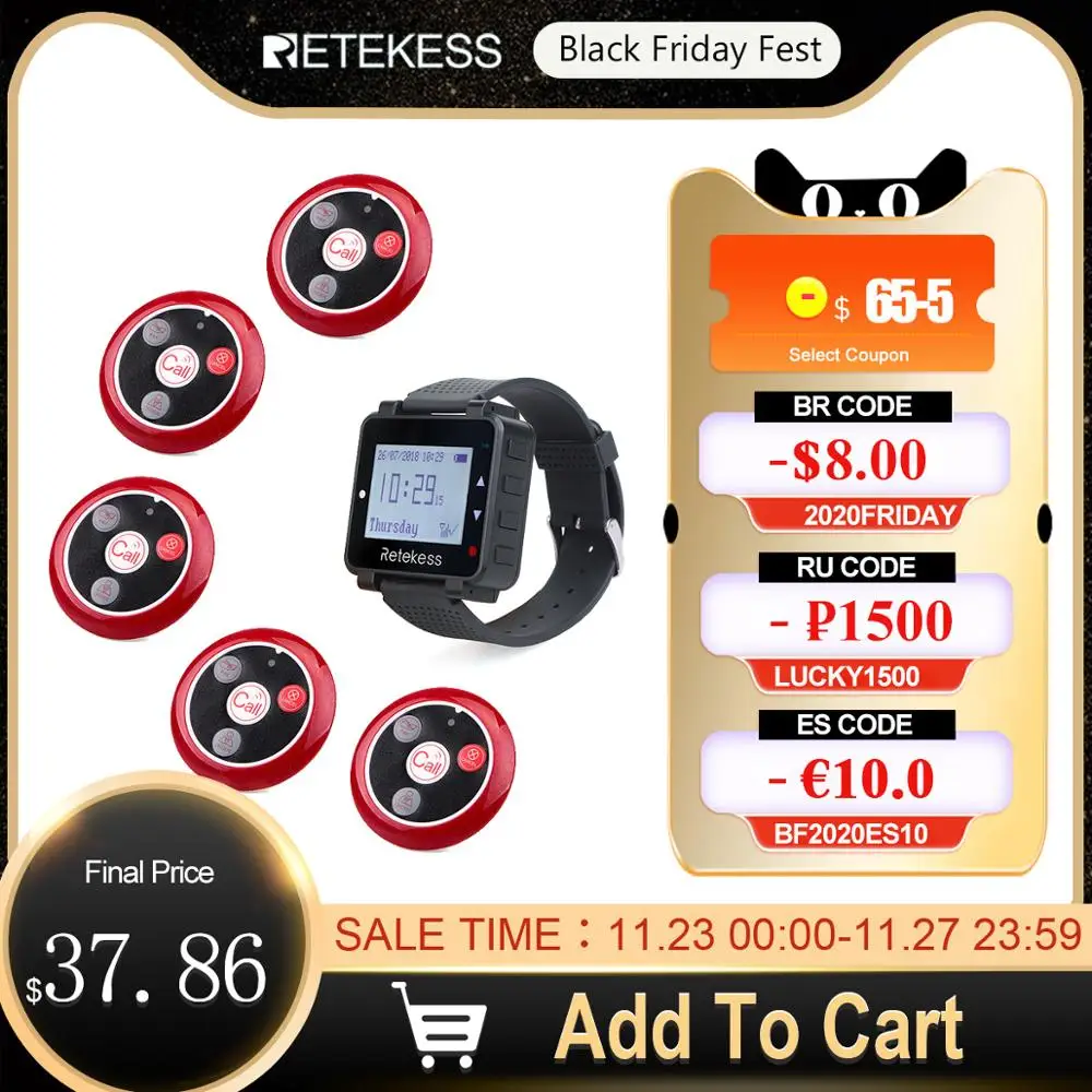 Retekess Restaurant Pager Hookah Call Waiter Wireless Calling System T128 Watch Receiver+5pcs T117 Call Buttons for Bar Cafe
Retekess Restaurant Pager Hookah Call Waiter Wireless Calling System T128 Watch Receiver+5pcs T117 Call Buttons for Bar Cafe