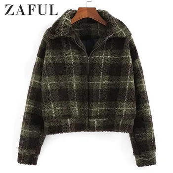

ZAFUL Faux Fur Checked Short Coat Fluffy Plaid Long Sleeve Coat Turn-Down Collar Wide-Waisted Autumn Winter Warm Women Coat 2019
