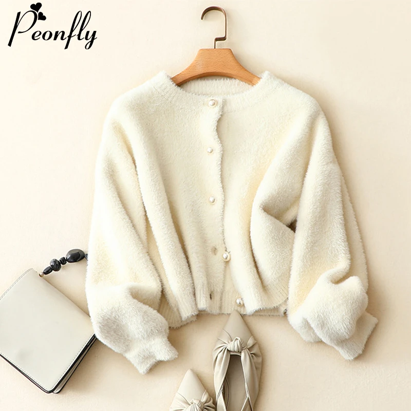 

PEONFLY 2022 Autumn Winter Faux Mink Fur Sweater Cardigan Women Fashion Long Sleeve Jacket Female Beading Button Clothes Ladies