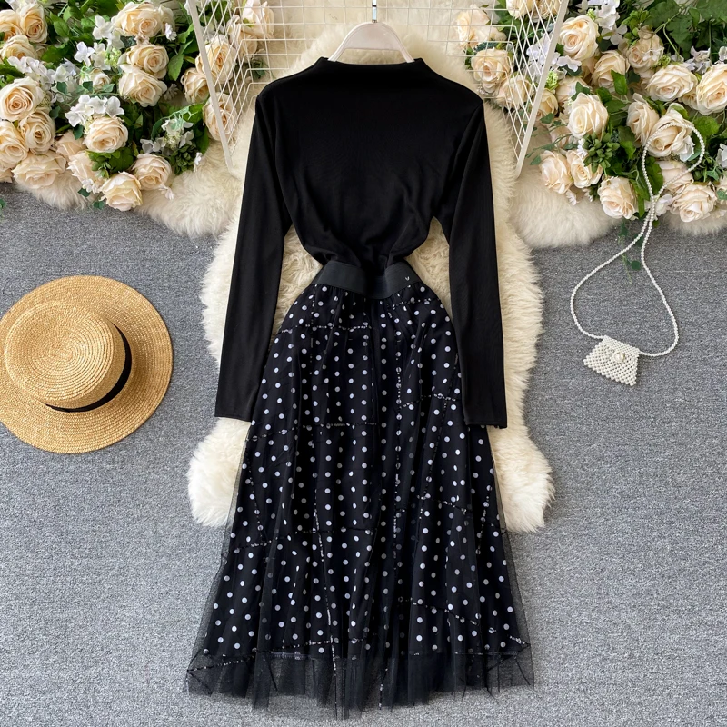 Korean Fake Two-piece Dress Mesh Patchwork Long-sleeved Stitching Dot Print Mid-length Bandage Vestidos Female GX1193
Korean Fake Two-piece Dress Mesh Patchwork Long-sleeved Stitching Dot Print Mid-length Bandage Vestidos Female GX1193