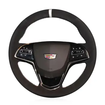 All Black Suede Leather White Stitching Steering Wheel Hand-stitch on Wrap Cover For Cadillac ATS 2013-2015 /CTS 2014-2016